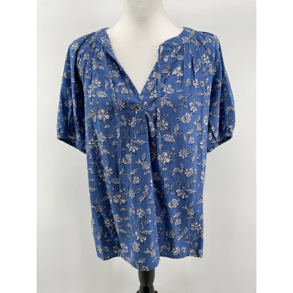 LOFT Floral Top Womens Small Blue Cottage Country Western Boho Puff Sleeve NEW